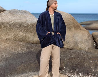Kimono masculino azul royal de veludo - Casaco boho feito à mão para festivais | Hiro