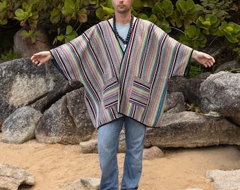 Poncho Baja de algodão tecido à mão | Jaqueta Kimono Boho listrada