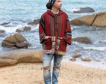 Jaqueta boho com capuz em algodão Gheri tecido à mão, estilo festival | Sirocco