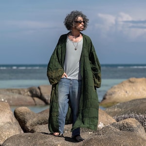 Akar Men’s Patchwork Cotton Kimono Duster | Forest Patina Handmade Oversized Boho Robe