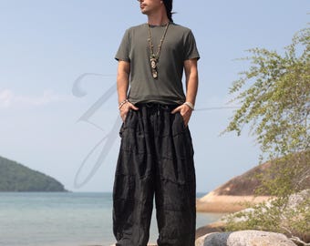 Calças Tashiq pretas estilo boho patchwork – Calças harém plus size, ideais para festivais e ioga.