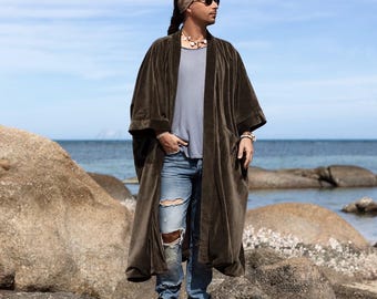 Kimono masculino de veludo de algodão – Casaco longo boho, feito à mão | Phoenix