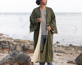 Jaqueta quimono reversível de algodão – Cardigan Boho Duster verde-jade | Takumi by Marx Silver
