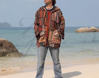 Jaqueta Dema Patchwork Baja | Casaco Boho Cotton Festival com Capuz de Lã – Marx Silver