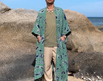 Kimono longo estilo boho, tingido à mão em algodão cru com efeito tie-dye | Chikao