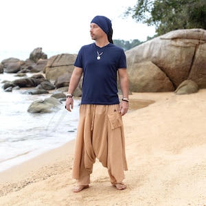 Boho Harem Pants Men – Palden Desert Sand Plus Size Yoga, Festival, Hippie Lounge & Meditation Trousers, Unisex Goa Psychedelic Wear