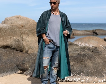 Kimono masculino de veludo de algodão: Casaco boho descontraído feito à mão | Phoenix
