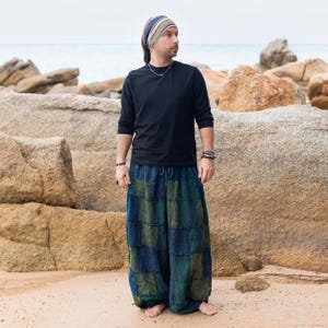 Blue Black Green Patchwork Tashiq Pants - Handmade Stonewashed Boho Men’s Festival Trousers, Hippie Tribal Yoga Summer Beachwear Lounge