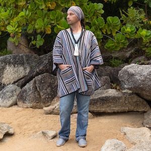 Boho Poncho Jacket Striped Baja Cloak: Hippie Festival Kimono, Woven Cotton Cape, Tribal Purple Blue Teal Wrap, Unisex | Nomad Solstice