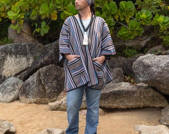 Poncho Baja de algodão tecido à mão: capa listrada estilo boho para festivais | Nomad