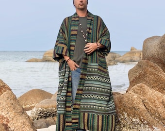 Kimono masculino de algodão tecido à mão: estilo boho étnico | Kintsugi