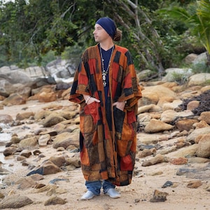 Akar Patchwork Kimono Duster for Men | Handmade Boho Meditation Robe with Long Sleeves, Artisan Craftsmanship, and Relaxed Comfort Fit