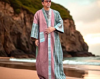 Casaco Kimono Masculino Reversível Acolchoado – Robe Vintage de Algodão Patchwork | Chibi