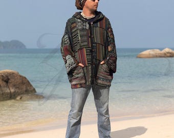 Jaqueta Baja Boho Patchwork – Algodão Gheri Tecido à Mão com Capuz Forrado de Fleece | Dema