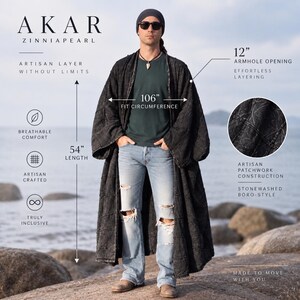 Minimalist Akar fit infographic featuring the MarxSilver men’s oversized patchwork kimono duster on a front-facing model. Measurement callouts show a 106-inch fit circumference, 54-inch length, and 12-inch armhole opening. Additional details highlight breathable cotton, artisan craftsmanship, inclusive sizing, stonewashed boro-style patchwork construction, and effortless layering while preserving the coat’s long relaxed silhouette.