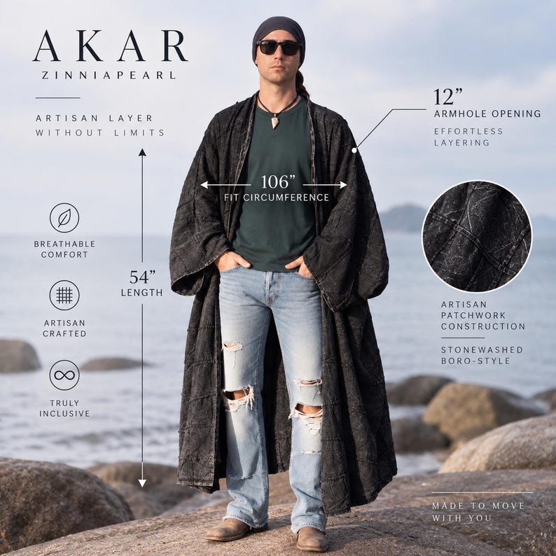 Minimalist Akar fit infographic featuring the MarxSilver men’s oversized patchwork kimono duster on a front-facing model. Measurement callouts show a 106-inch fit circumference, 54-inch length, and 12-inch armhole opening. Additional details highlight breathable cotton, artisan craftsmanship, inclusive sizing, stonewashed boro-style patchwork construction, and effortless layering while preserving the coat’s long relaxed silhouette.