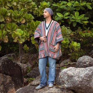 Boho Poncho Jacket Men – Striped Baja Cloak, Hippie Festival Kimono, Woven Cape, Earthy Blue Brown Wrap, Unisex Coat Nomad Solstice