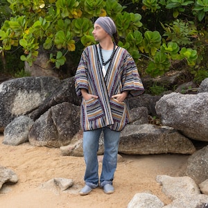 Boho Poncho Jacket Striped Baja Cloak, Hippie Festival Kimono, Woven Cotton Cape, Tribal Blue Red Green Wrap, Unisex | Nomad Solstice