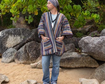 Jaqueta poncho Baja tecida à mão, quimono boho listrado de algodão, unissex | Nomad