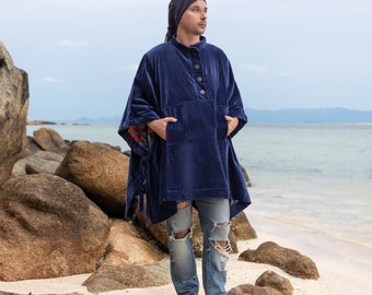 Poncho artesanal de veludo de algodão: estilo boho chic com gola Henley, tamanho grande | Marco