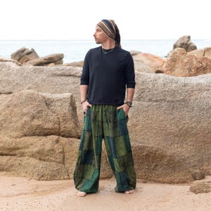 Blue Black Green Tashiq Pants - Handmade Stonewashed Patchwork Boho Festival Trousers, Hippie Yoga Lounge Pants, Beachwear for Men