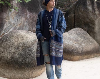 Jaqueta quimono patchwork índigo tecida à mão – Robe de algodão boho Aden para festivais