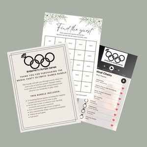 Könnte beinhalten: Ein Paket mit druckbaren Brautparty-Spielen, darunter ein Spiel "Finde den Gast", eine Playlist und ein Spielinformationsblatt. Die Spiele zeigen ein Hochzeitsring- und olympisches Ringe-Logo mit floralem Design.