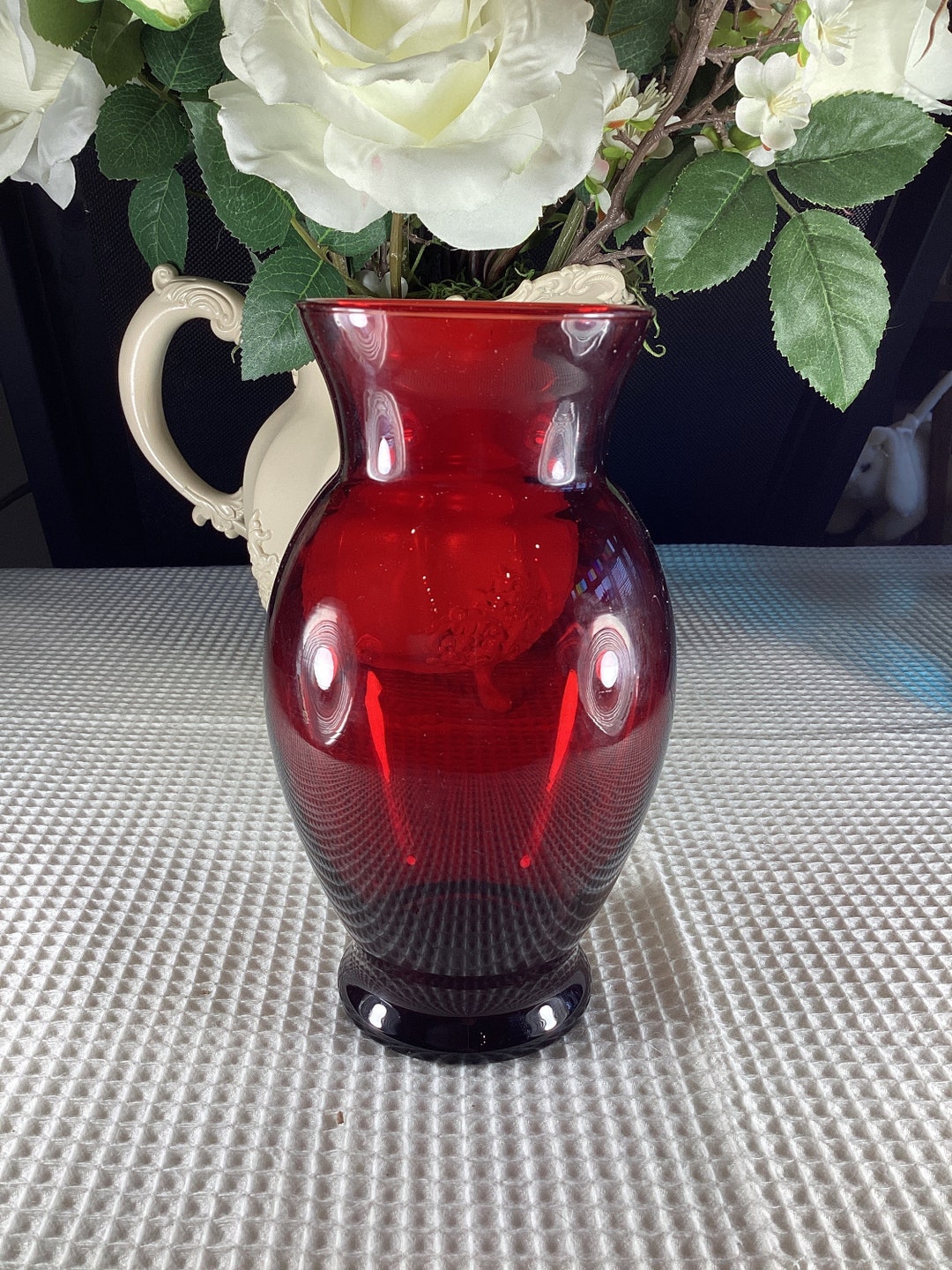 Vintage Ruby Red Glass Vase Anchor Hocking Depression Era True Red ...
