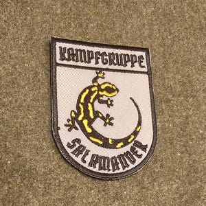 Può includere: Toppa ricamata con le parole "KAMPFGRUPPE SALAMANDER" in lettere nere. La toppa presenta un disegno di salamandra gialla e nera su sfondo bianco.
