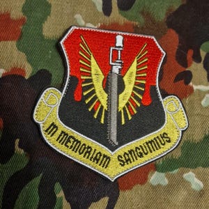 以下が含まれることがあります： 赤色の背景に黒と金色の刺繍が施されたパッチ。パッチには翼のある剣と「In Memoriam Sanguinis」という文字が描かれている。