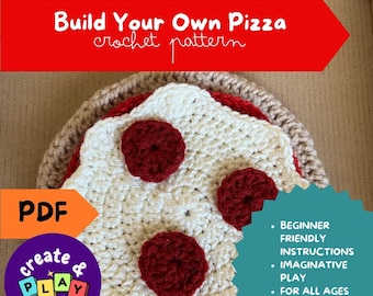Patrón de crochet/ Juego de pizza de crochet/ Pepperoni, pimiento morrón, piña, champiñones y espinacas