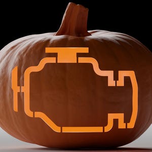May include: A carved pumpkin featuring an illuminated orange engine light symbol. The pumpkin is a warm orange colour, with a brown stem. The background is black and white, highlighting the pumpkin's details. A Halloween decoration.