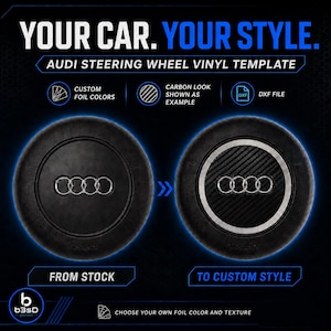 May include: An Audi steering wheel vinyl template with the text "YOUR CAR. YOUR STYLE." The image shows a before and after comparison. The left side shows a stock wheel, and the right side shows a carbon fiber look. The text says "Choose your own foil color and texture."