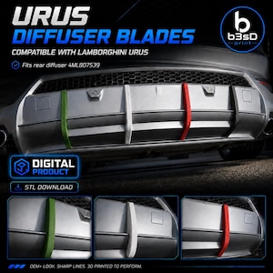 May include: Urus diffuser blades compatible with Lamborghini Urus, fitting rear diffuser 4ML807539. This digital product includes STL download files for 3D printed blades in green, white, and red, designed to attach to the rear bumper of the vehicle.