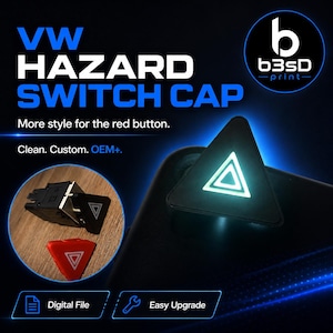 Könnte beinhalten: Das Bild zeigt eine VW Hazard Switch Cap. Der schwarze Deckel hat ein leuchtendes grünes Gefahrensymbol. Der Text lautet "VW HAZARD SWITCH CAP" und "More style for the red button." Außerdem sind ein roter Gefahrenknopf und eine schwarze Schalterkappe zu sehen.