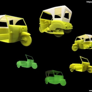 Könnte beinhalten: Mehrere 3D-gedruckte Miniatur-Autorikschas in verschiedenen Farben, darunter Gelb und Grün, vor schwarzem Hintergrund. Die Fahrzeuge haben ein unverwechselbares dreirädriges Design mit einem Verdeck.