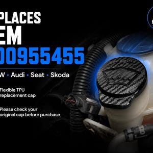 May include: A black and gray replacement cap with a carbon fiber pattern, designed for VW, Audi, Seat, and Skoda vehicles. The cap is made of flexible TPU and replaces OEM part number 800955455. The image also includes the b3sd print logo.