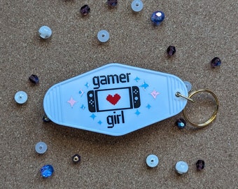 Gamer Girl Motel Keychain-Retro-Style Gaming Accessory for Keys and Bags, Unique Gift for Gamers and Twitch Streamers