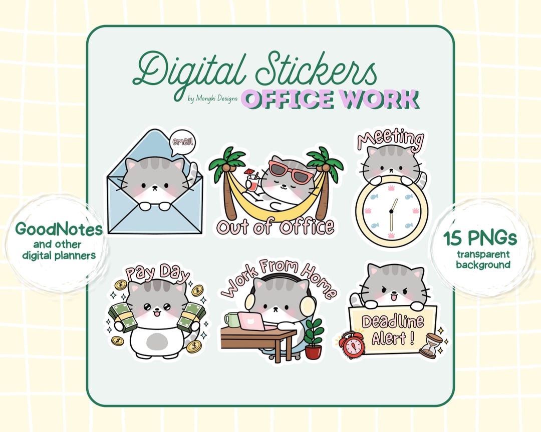 Cat Office Work Digital Stickers | Cute Productivity Planner Stickers ...