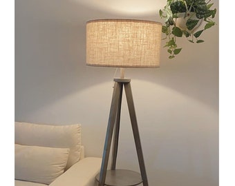 Tripod Wooden Floor Lamp with Table - Solid Wood Tripod Design for Living Room or Bedroom - Tall Standing Light with Shelf and Drum Shade