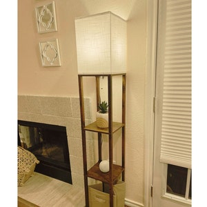Modern Floor Lamp with Built-in Shelves, Adjustable LED Lighting, Wood Finish, Storage, in Warm Brown