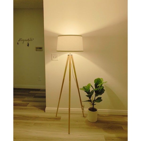 Modern Tripod Floor Lamp | Handcrafted Tall Lamp with Wood Legs | LED Floor Lamp for Living Rooms