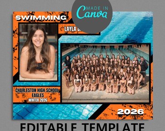 Plantilla digital Canva para equipo de natación - Horizontal - 28 x 21,5 cm / Plantilla deportiva para equipos e individuos / Archivo digital