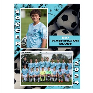 May include: A team photo of a youth soccer team, the B07 Washington Blues, with a blue and black color scheme. The team is wearing blue jerseys with black accents and black shorts. The team is standing in front of a green field with a soccer goal in the background. The team is smiling and looking at the camera. The team's name and year are printed on the image. The image also includes a close-up photo of a young man wearing a blue soccer jersey with the team's logo.