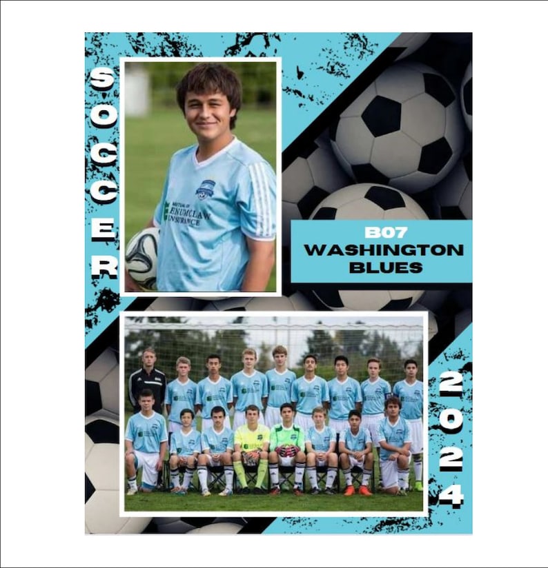 May include: A team photo of a youth soccer team, the B07 Washington Blues, with a blue and black color scheme. The team is wearing blue jerseys with black accents and black shorts. The team is standing in front of a green field with a soccer goal in the background. The team is smiling and looking at the camera. The team's name and year are printed on the image. The image also includes a close-up photo of a young man wearing a blue soccer jersey with the team's logo.
