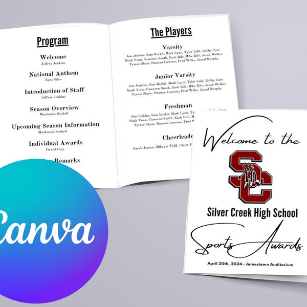 Sports Award Banquet Program Template, Printable Football Softball Baseball Soccer Pamphlet, Editable Canva Document Download Folded Booklet