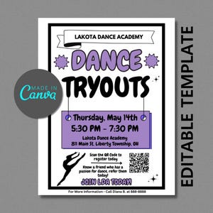 Editable Dance Tryouts Flyer for Competitive Dance and Dance Academy, Fully Editable Dance Flyer Template, Editable Canva Flyer