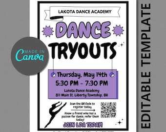 Bearbeitbarer Tanz-Tryouts-Flyer für leistungsorientierte Tanz- und Tanzakademie, vollständig bearbeitbare Tanzflieger-Vorlage, bearbeitbarer Canva-Flyer