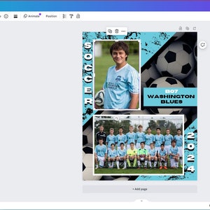 May include: A blue and black soccer team photo collage with a team photo and a player portrait. The text "SOCCER", "007 WASHINGTON BLUES", and "2024" are included in the design.