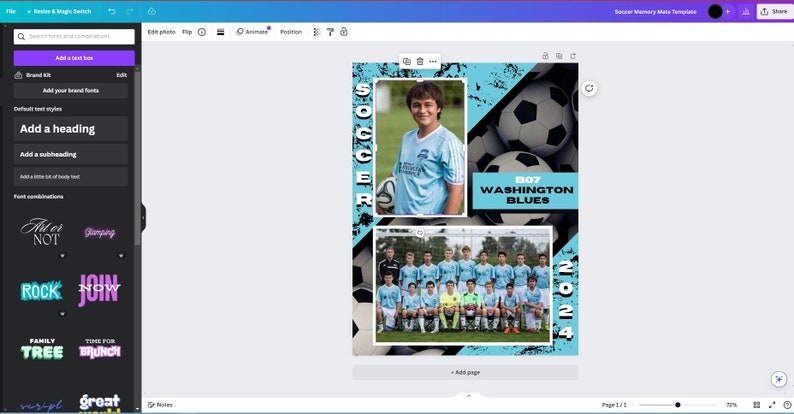 May include: A blue and black soccer team photo collage with a team photo and a player portrait. The text "SOCCER", "007 WASHINGTON BLUES", and "2024" are included in the design.
